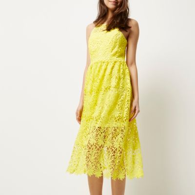 Yellow lace midi dress